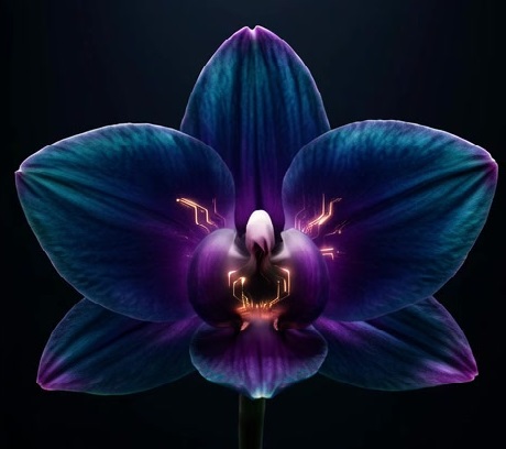 Beautiful purple and teal orchid with delicate golden neural pathways — the heart of Orchid Labs